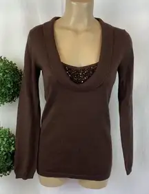 Vertigo Brown Rhinestone Bodice Half Sleeve Drape Neck Knit Sweater Top M