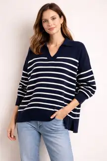 La Ligne Navy Stripe Collared V-Neck Sweater Cotton Cashmere Small Nautical