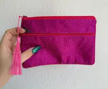 vintage silk brocade zipper pouch with tassel in magenta fuchsia pink & red
