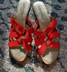 London Fog Red Fabric Neptune Sandals with Small Heels - New - Size 8.5