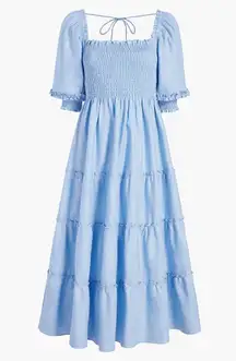 Hill House Nesli Nap Dress Women’s Size Small Blue Metallic Smocked Midi Sleeve