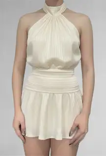 Vintage Thirdy Charm Silk Pleaded Backless Halter Tie Mini Dress