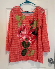 Notations Floral Ruffle Blouse Coral Pink Rose Print‎ Top Lightweight L