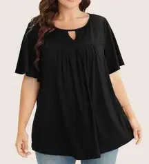 Plain Ruffle Sleeve Keyhole Gathered Crew Neck T-Shirt