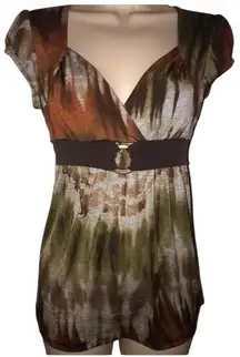 Earth tone tie back Y2K V‎ neck blouse IZ Byer Sz small Fall colors