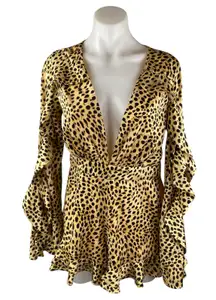 Majorelle Devon Cheetah Leopard V-neck Long-sleeve Ruffle Jumpsuit Romper Size S