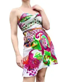 Vintage Dave & Johnny Vacation Resortwear Vibrant Camp Beaded Satin Mini Dress 0