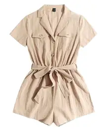 Flap Pocket Belted Shirt Romper in Apricot, Size S​​​
