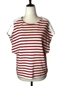 Zara Shirt Women Medium Red White Striped Knit Button‎ Shoulder Top Coastal