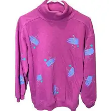 Vintage Sally Too Sweatshirt 80s Turtleneck All Over Print Pink Zumba Medium