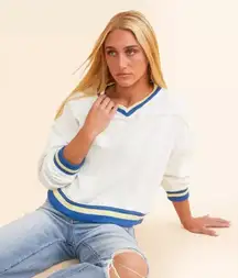 Free People Rio Sweatshirt Womens XS White Blue V Neck Varsity Cropped Pullover