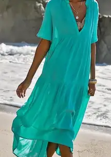 Anthropologie Women’s The Kallie Flowy Tiered Gauzy Maxi Dress in Turquoise Teal