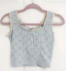 Cottagecore Pastel Baby Blue Eyelet Cream Ruffle Trim Stretchy Crop Tank Top