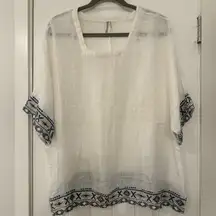 Monoreno White Sheer Linen Size Small Embroidered Bohemian Tunic Top Wide Sleeve