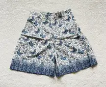 Blue Butterfly Floral Print High Waisted A-Line Shorts