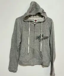 Harley Davidson Studded Zip Up Hoodie Jacket Womens Small Grey Smokin Chicago