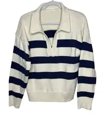 By Together Women Medium Cream and Blue Striped V Neck Collared Sweater