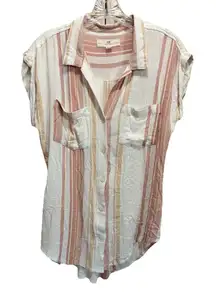 Thread & Supply Peach/White‎ Stripe Short Sleeve Collared Button Up Top Sz Small