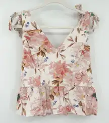 Express Cottagecore Floral Linen Blend Tie Strap‎ Peplum Tank Top Womens Size M