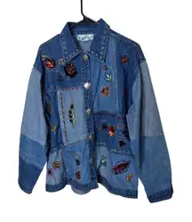 Vintage Sara Studio Denim Jacket Patchwork Leaf Embroidery Women Size M