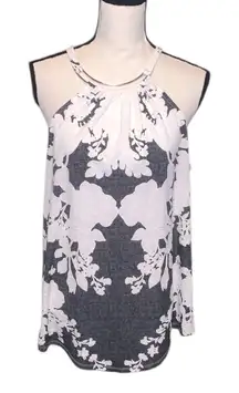 INC International Concepts Floral Sleeveless Halter Neck Blouse Gray and White