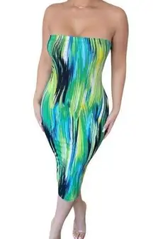 Summer Haze green and blue water color strapless tube dress