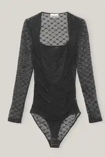 GANNI Women's Size Medium Bodysuit‎ Black Lace Square Back Long Sleeve Lined