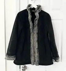 L.L.Bean  Black Faux Suede Grey Fur Lined Trim Penny Lane Jacket Small