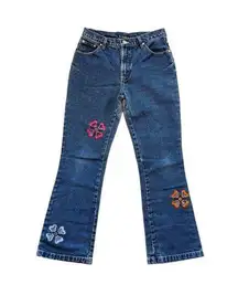 Vintage Y2K Floral Embroidered Cut Out Jeans Bootcut 70s Hippie Retro Bimbo Blue