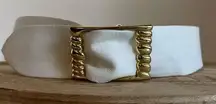 Giani Bernini Vintage 90s White Genuine Leather Wide Chunky Gold Buckle Belt - M