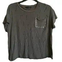 Olivaceous Distressed Dark Grey Pocketed T-Shirt Women's Small