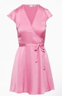 Wilfred Aritzia Mademoiselle‎ Satin V-Neck Wrap Mini Dress in Bubble Pink Medium