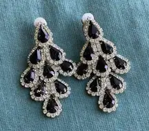 Shiny Vintage black rhinestone silver tone Earrings NWT