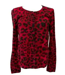 Talbots red/black cheetah print merino wool button up cardigan sweater sz M