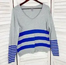 JCP Striped V-neck Popover Sweater Gray Blue XL Long Sleeve