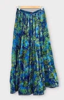 Vintage Boho Coastal Cowgirl Blue Floral Cotton And Denim Peasant Maxi Skirt S