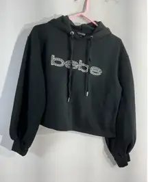 Womans Bebe Sport Medium Black Pullover Oversize Cropped Hoodie Studs Graphic