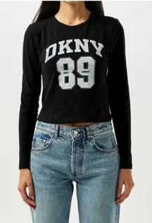 DKNY Sport Long‎ Sleeve Graphic Tee Cropped Top Athleisure Black XL