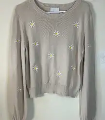 Pink Rose Beige Cropped Sweater w/White &‎ Yellow Floral Embroidery Size Large