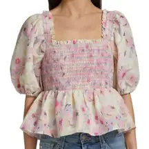 Something Navy Floral Smocked Puff Sleeve Ruffle Squareneck Short Sleeve Top