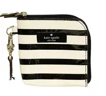 Kate Spade  Mini Black White Stripe Patent Side Zip Card Holder Wallet