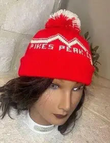 Pikes Peak Colorado Vintage knitted red/off white pom beanie