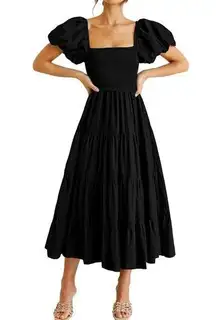 NEW Puffy Short Sleeve Square Neck Smocked Tiered Ruffle Midi Dress XL