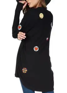 Lauren Moshi Irina Hippie Peace Love Open Cocoon Cardigan Black Patches OS