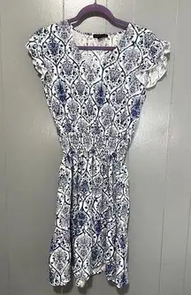 Saks Fifth Avenue Blue Printed Linen Smocked A-line Summer Mini Dress M