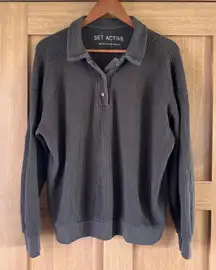 Set Active Waffle Knit Button Up Henley Sweatshirt Chocolate Brown Women’s Small