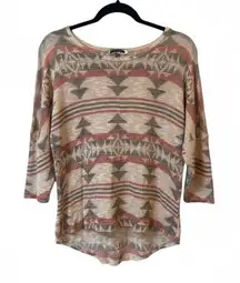 Boho Western Aztec Cream Red Stretch 3/4 Sleeve Top Large