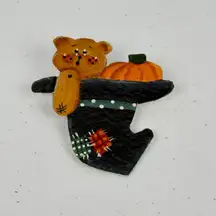 Hand Painted Wooden Bear Pin Brooch with Pumpkin – Fall Autumn Primitive