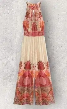 Calypso St. Barth, pink, red, orange, and brown halter neck silk jumpsuit. XS