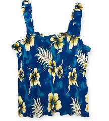 Bobbie  Blue White Hawaiian Floral Summer Beach Cami Tank Top